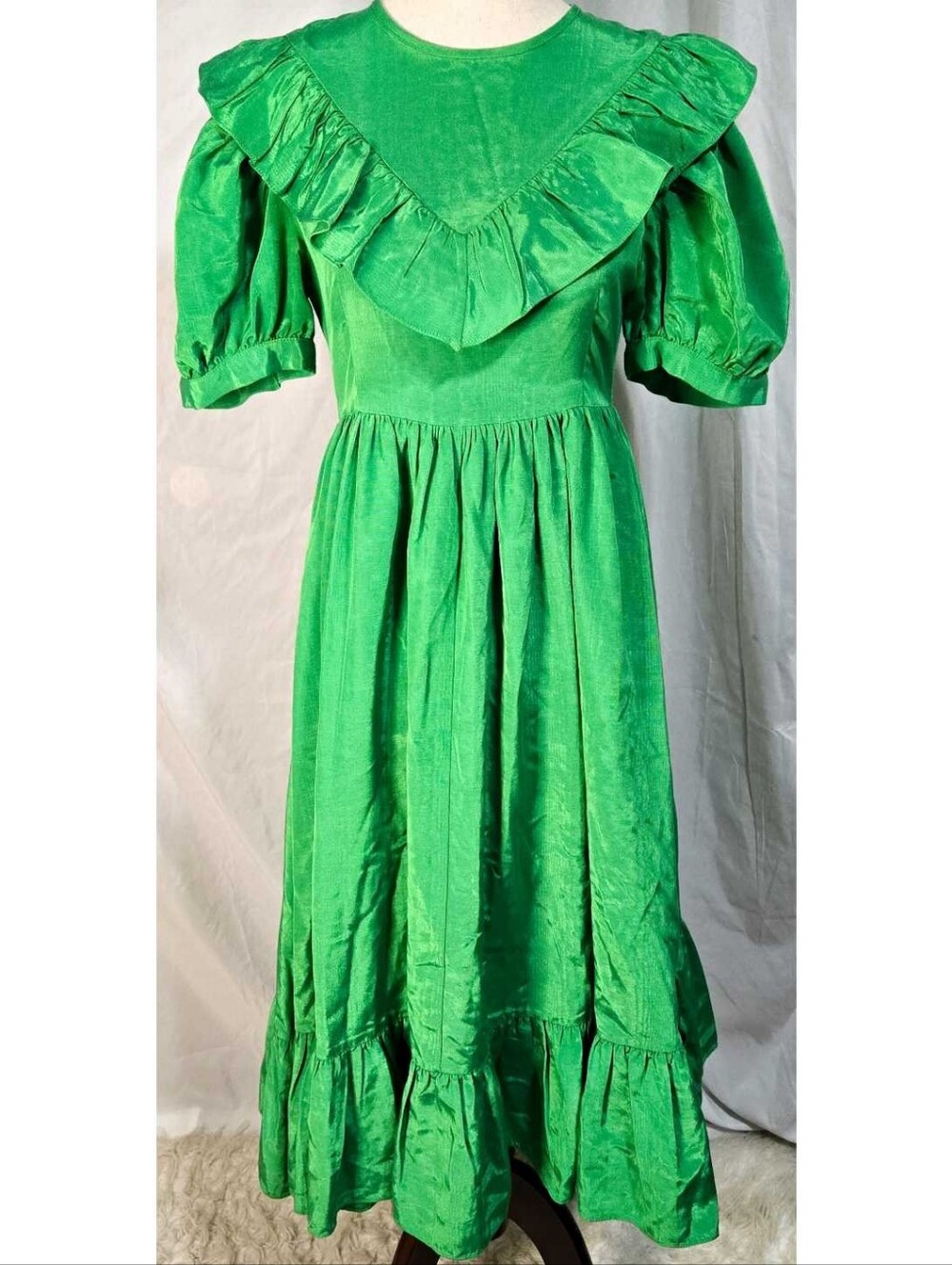Batsheva Midi Dress Green Ruffle A Line Retro 80s 90s Vintage Cottagecore
